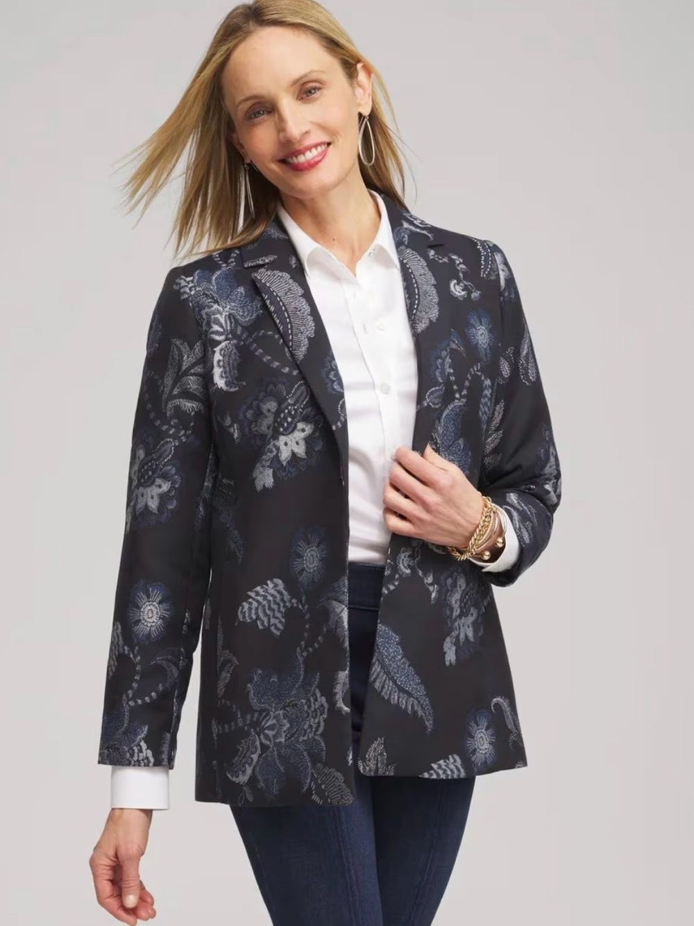 Chico's navy blue Blazer with Blue Floral Jacquard Accents size:1 US: S